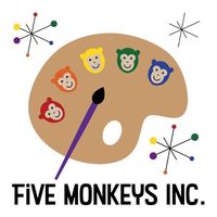 five monkeys logo with paintbrush and easel and rainbow monkey faces