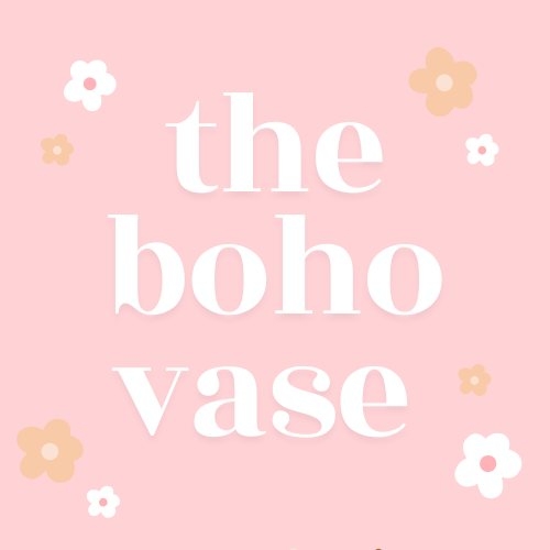the boho vase logo white letters on pink background